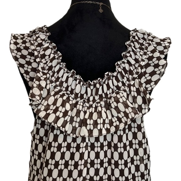 NWT 🆕 Max Edition Medium Ruffled Round Neck Brown & White Short Sleeve Blouse - Picture 6 of 9